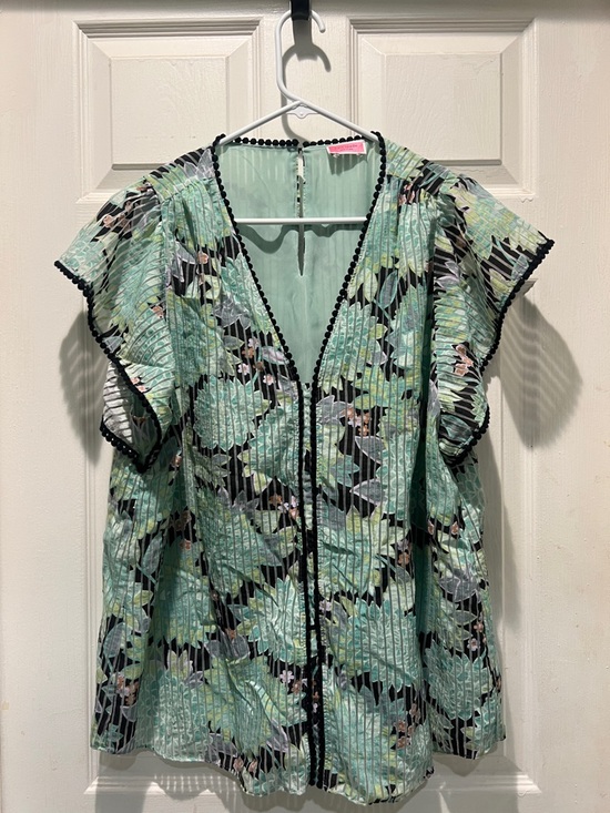 kate spade Tops - Floral Mint V-Neck Pleated lined Women’s Top - Black Trim